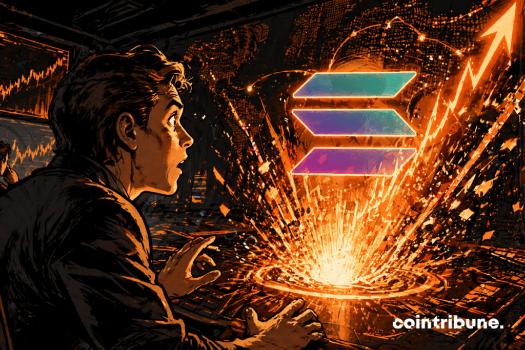 Un hologramme Solana explose vers le haut devant un opérateur crypto surpris.
