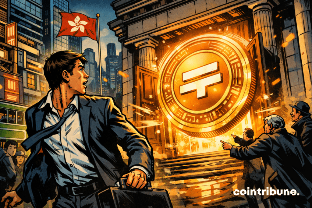 Dans une quotidienne de Hong Kong, un stablecoin géant sort d’une porte de banque comme s’il venait d’être officiellement libéré.