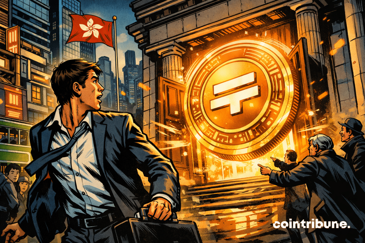 Dans une quotidienne de Hong Kong, un stablecoin géant sort d’une porte de banque comme s’il venait d’être officiellement libéré.