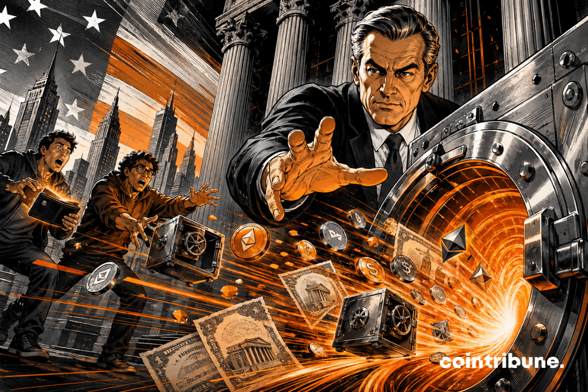 Banquier attirant des actifs crypto dans un coffre orange.