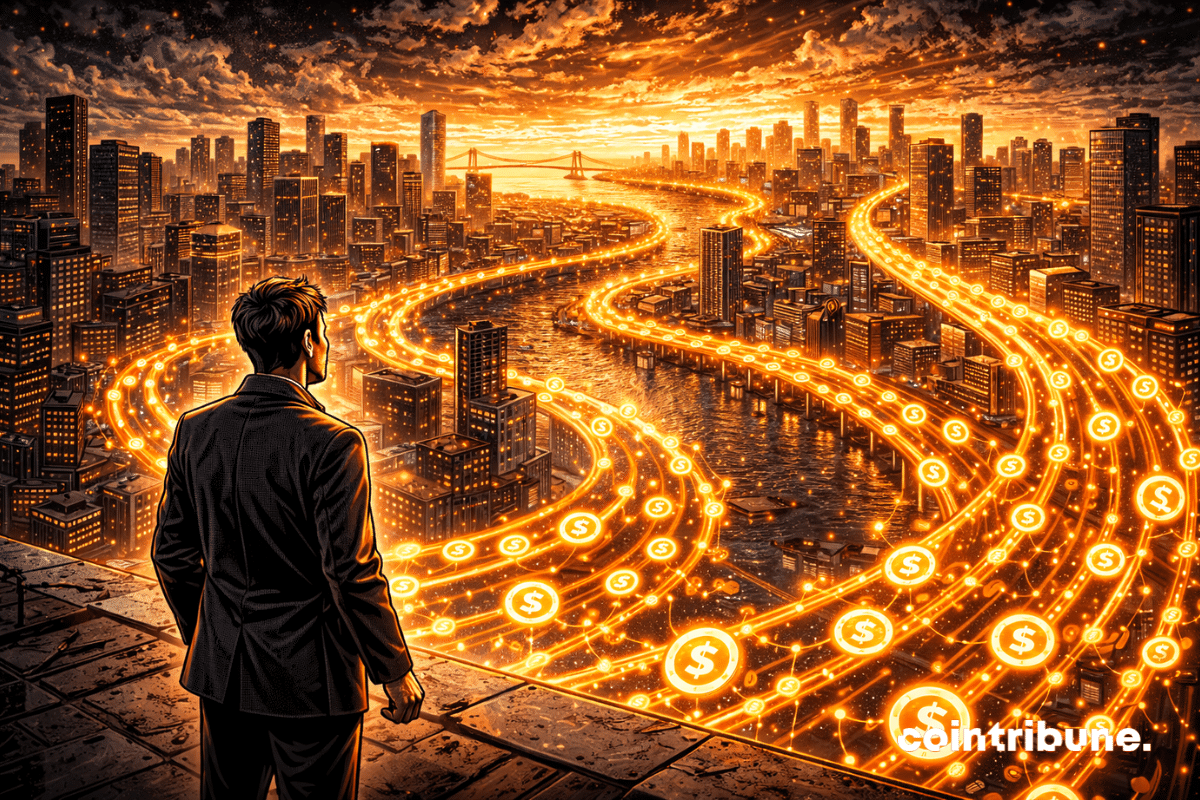 Dans une ville futuriste, des couches concentriques de stablecoins s’élèvent comme des orbites financières, de plus en plus vastes et denses.