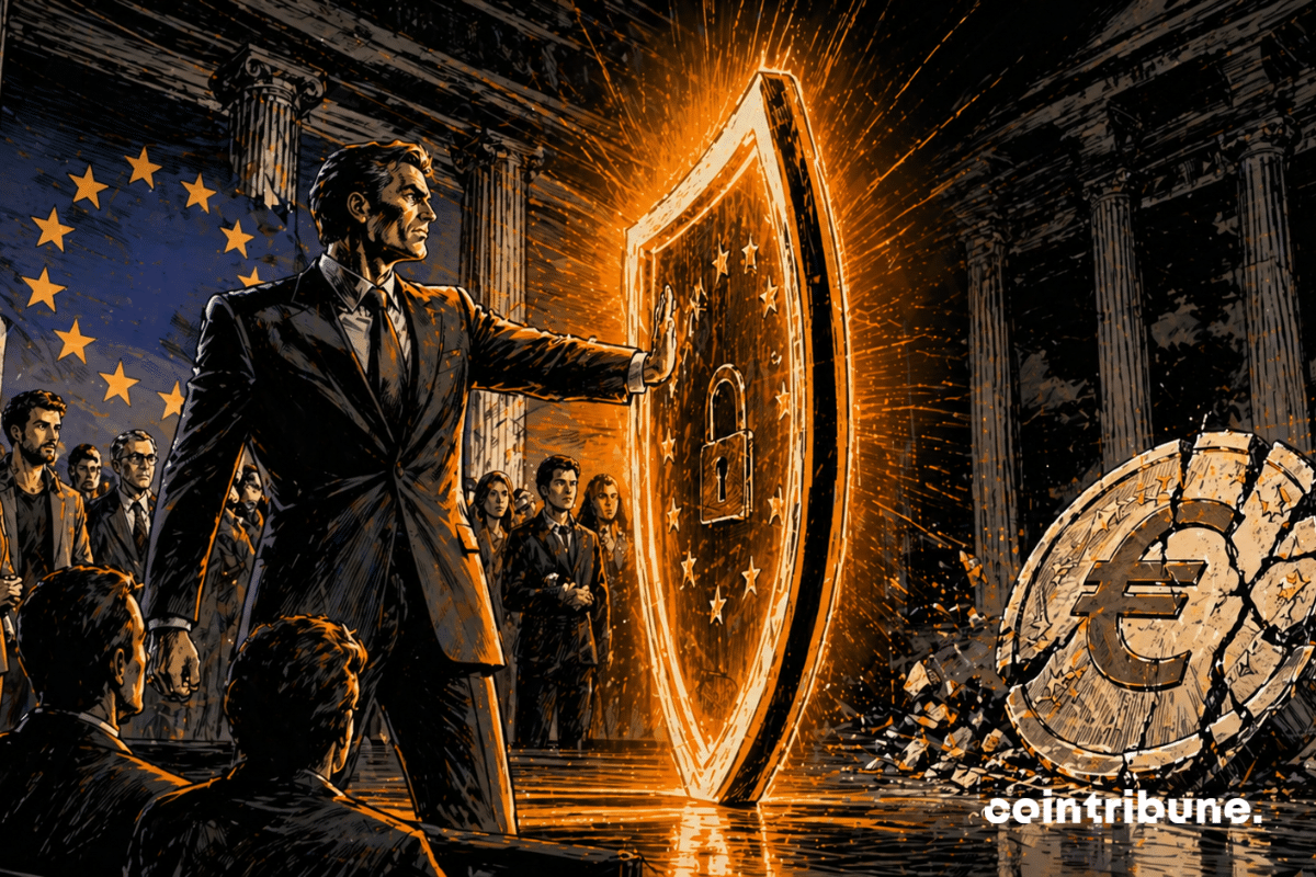 A large glowing shield protects citizens and investors inside a grand European institutional hall.