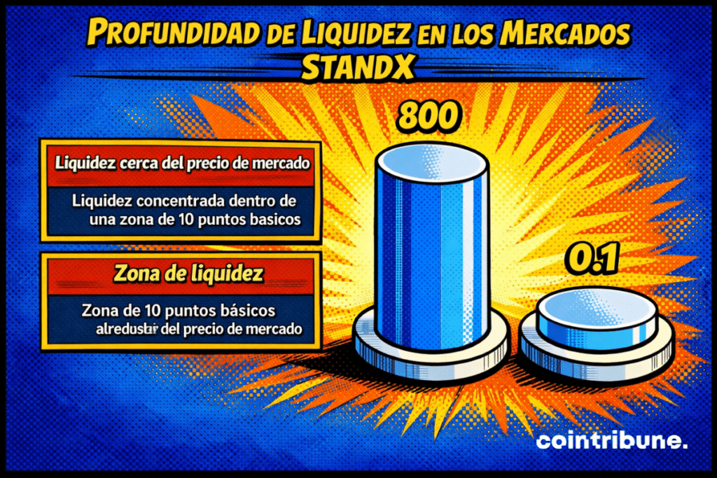 Un infográfico titulado "Profundidad de liquidez en los mercados StandX" muestra una fuerte concentración de liquidez cerca del precio de mercado, con un gran volumen (800) dentro de una zona estrecha de 10 puntos básicos comparado con uno mucho menor (0.1) fuera de ella.