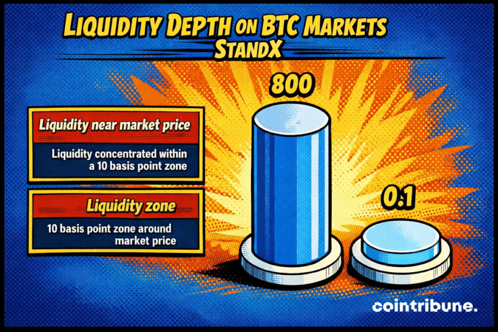 An infographic titled "Liquidity Depth on BTC Markets StandX" shows strong liquidity concentration near the market price, with a large volume (800) within a tight 10-basis-point zone compared to a much smaller volume (0.1) outside it.