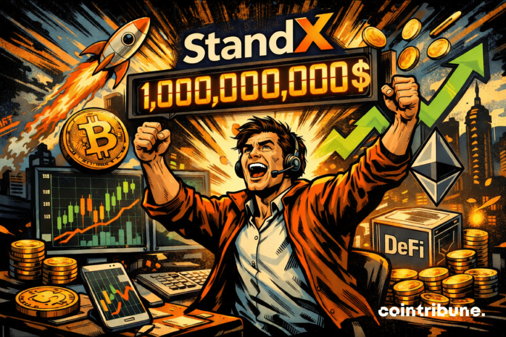 Ilustración de un trader celebrando una fuerte subida del mercado cripto con StandX, mostrando un volumen diario de operaciones que alcanza los 1.000.000.000 $, rodeado de gráficos alcistas, Bitcoin y Ethereum.