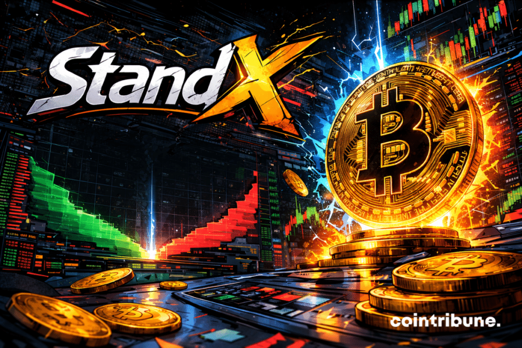 Illustration of the StandX platform featuring a large glowing Bitcoin symbol, detailed trading charts, and a BTC orderbook interface highlighting deep liquidity and active market activity.