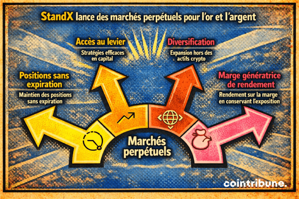Infographie présentant les principaux avantages des marchés perpétuels proposés par StandX sur l’or et l’argent. Au centre, un bloc consacré aux marchés perpétuels se déploie en plusieurs flèches illustrant quatre bénéfices : le maintien de positions sans expiration, l’accès au levier pour des stratégies efficaces en capital, la diversification au-delà des actifs crypto et une marge génératrice de rendement permettant de conserver une exposition tout en produisant du rendement. L’ensemble met en avant une offre orientée flexibilité, efficacité du capital et élargissement des possibilités d’investissement.