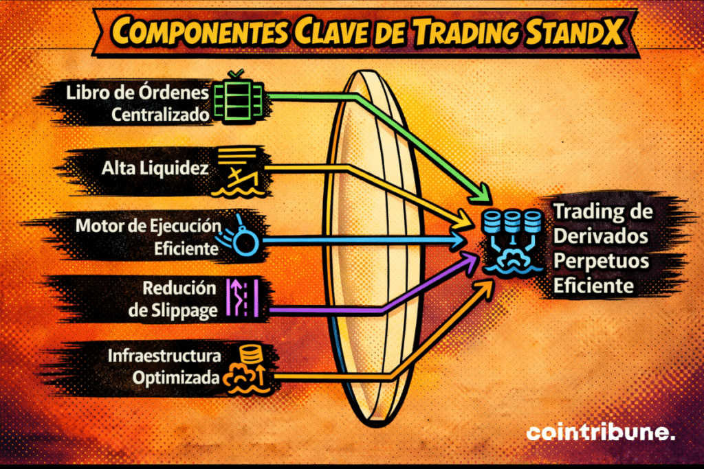 Infografía titulada “Componentes clave de trading StandX” que muestra cinco elementos principales conectados hacia un sistema de trading de derivados perpetuos eficiente: libro de órdenes centralizado, alta liquidez, motor de ejecución eficiente, reducción del slippage e infraestructura optimizada. Flechas de distintos colores ilustran cómo cada componente contribuye al rendimiento global de la plataforma.