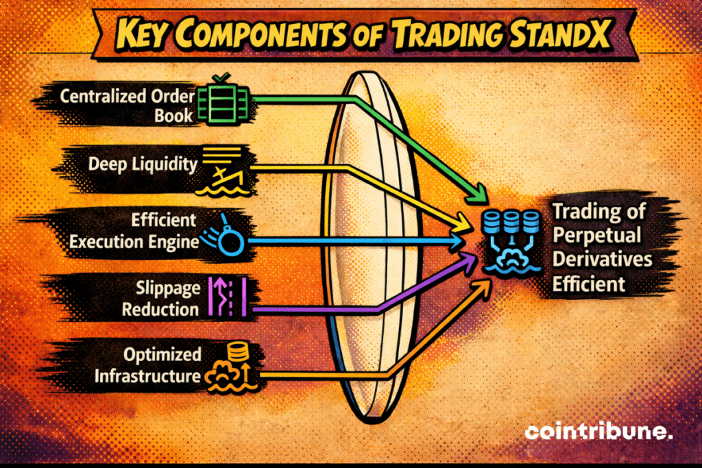 Infographic titled “Key Components of Trading StandX," outlining features such as a centralized order book, deep liquidity, an efficient execution engine, slippage reduction, and optimized infrastructure, all of which contribute to efficient perpetual derivatives trading.