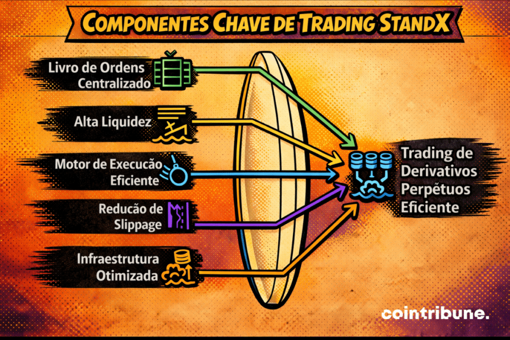 Infográfico intitulado “Componentes Chave da Trading StandX”, destacando características como livro de ordens centralizado, liquidez profunda, um motor de execução eficiente, redução de slippage e infraestrutura otimizada, todos contribuindo para negociação eficiente de derivativos perpétuos.