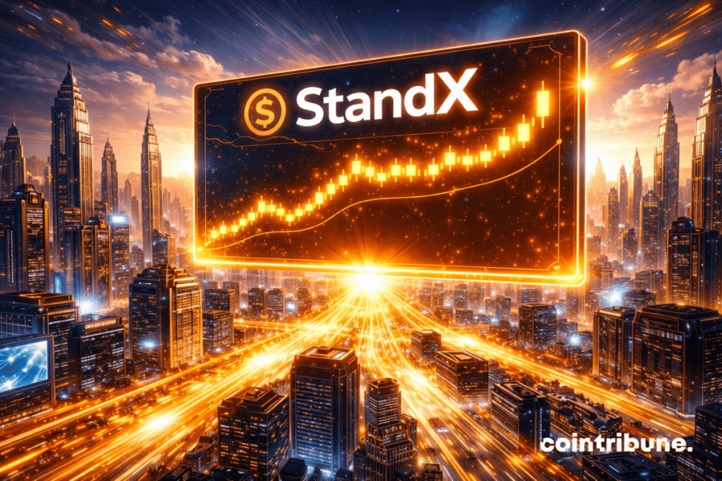 Illustration de la plateforme StandX affichant un graphique haussier lumineux au-dessus d’une ville futuriste, symbolisant la croissance rapide et les opportunités du trading sur marge.