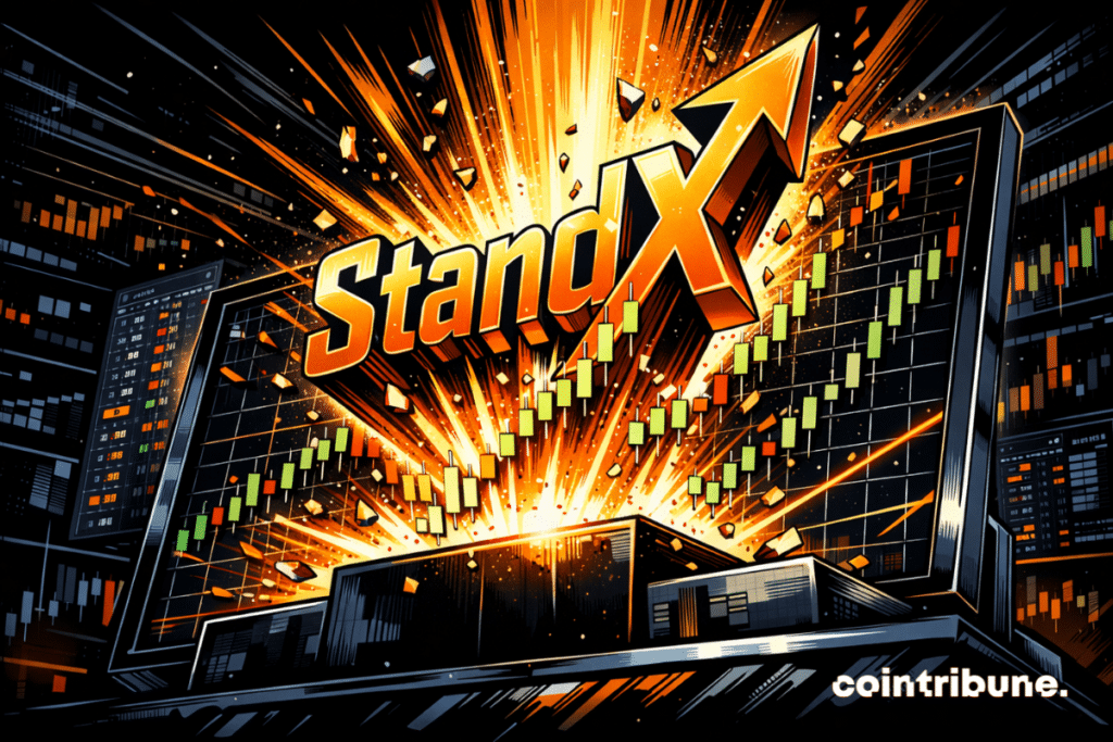 Illustration dynamique de la plateforme StandX, avec des visuels de croissance explosive et des graphiques de trading en hausse, mettant en avant sa position comme top Perp DEX sur le marché des dérivés crypto.