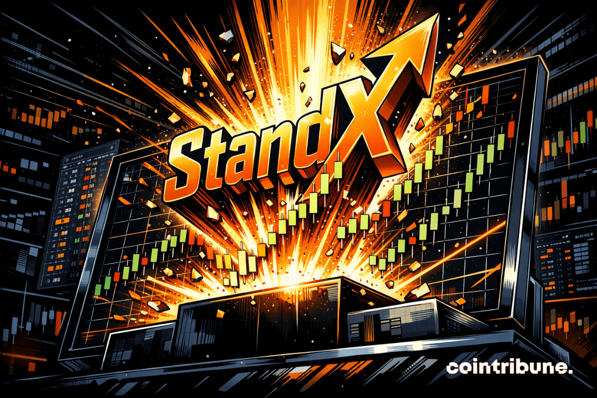 Illustration dynamique de la plateforme StandX, avec des visuels de croissance explosive et des graphiques de trading en hausse, mettant en avant sa position comme top Perp DEX sur le marché des dérivés crypto.