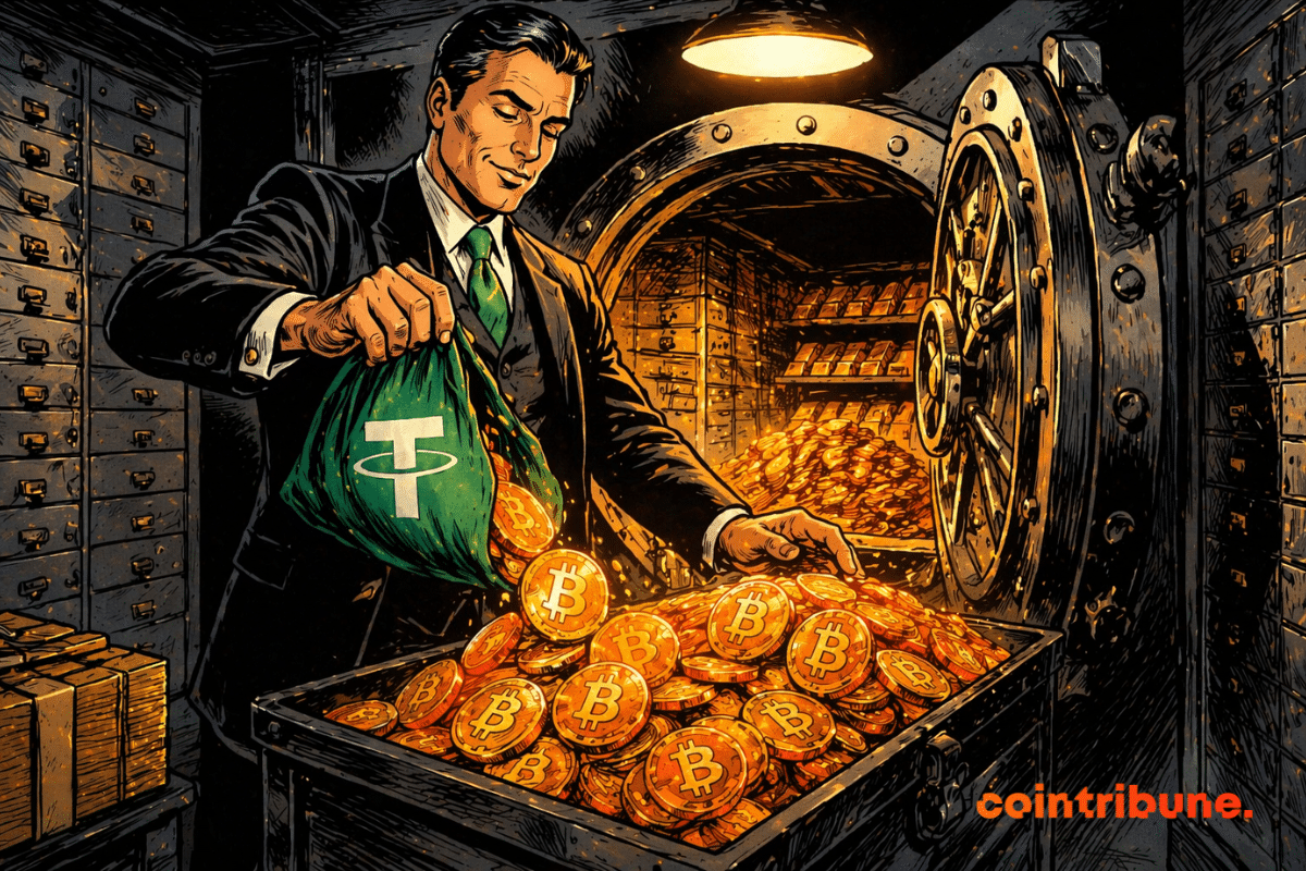 A financier fills a vault with glowing Bitcoin, quietly amassing a massive reserve—a symbol of strategic power and quiet confidence.