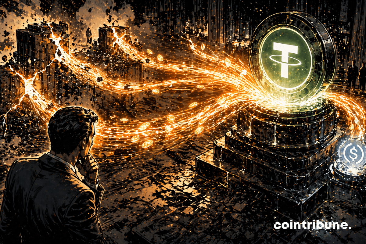 Plusieurs structures abstraites représentant la DeFi présentent des fissures lumineuses et une instabilité visible. Des flux lumineux s’échappent de ces structures. Ces flux convergent massivement vers une réserve centrale stable (USDT) qui brille intensément. Une autre structure (USDC) est présente, mais reçoit moins de flux, apparaissant plus faible.