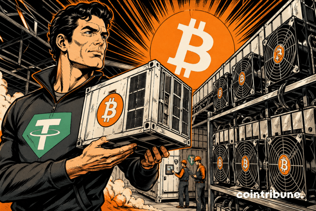 Illustration montrant Tether associé au minage de Bitcoin, avec un module de calcul, des machines minières et le symbole Bitcoin en arrière-plan.
