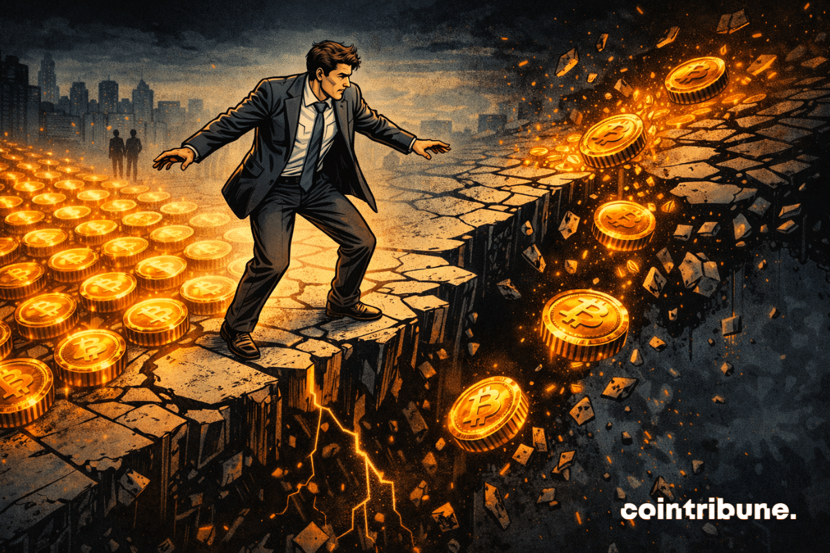 Une structure de tokens parfaitement organisée d’un côté, mais qui commence à se désagréger de l’autre, sous le regard d’un représentant institutionnel, ce qui symbolise l’efficacité et les risques de la tokenisation.