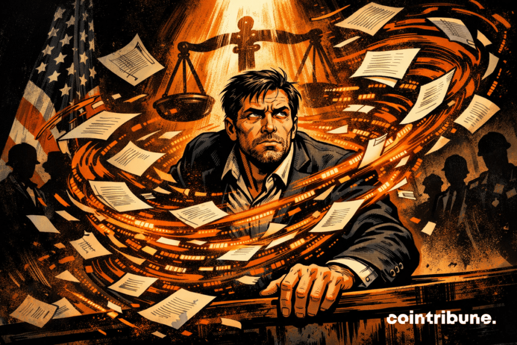 Tense man in a courtroom, surrounded by a tornado of crypto files.