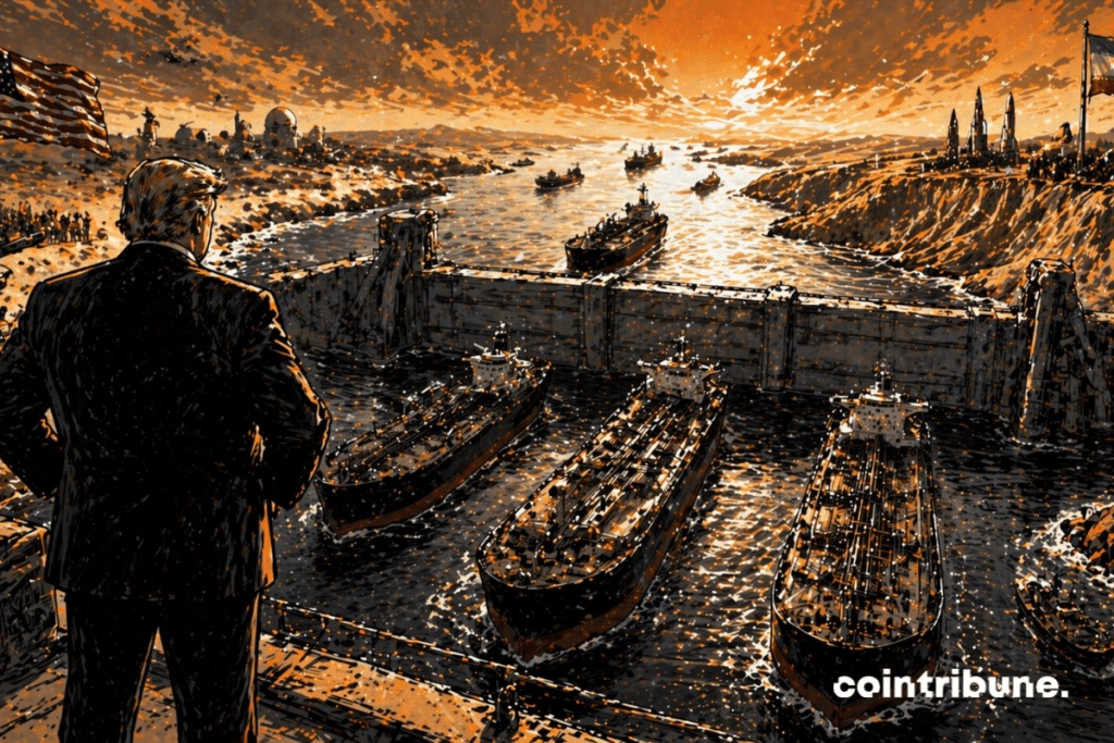 En un estrecho marítimo angosto, una barrera masiva, abstracta y metálica cruza el paso, bloqueando toda circulación. Varios petroleros están detenidos frente a esta barrera, inmóviles, simbolizando el control total de Trump sobre el estrecho de Ormuz.