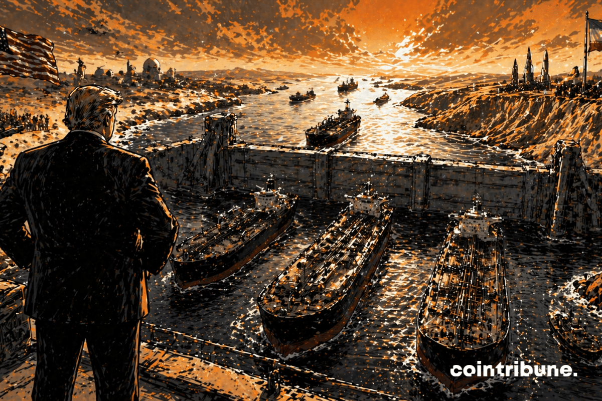 Sur un détroit maritime étroit, une barrière massive, abstraite et métallique traverse le passage, empêchant toute circulation. Plusieurs tankers sont arrêtés devant cette barrière, figés dans leur mouvement, ce qui symbolise le contrôle total du détroit d’Ormuz par Trump.