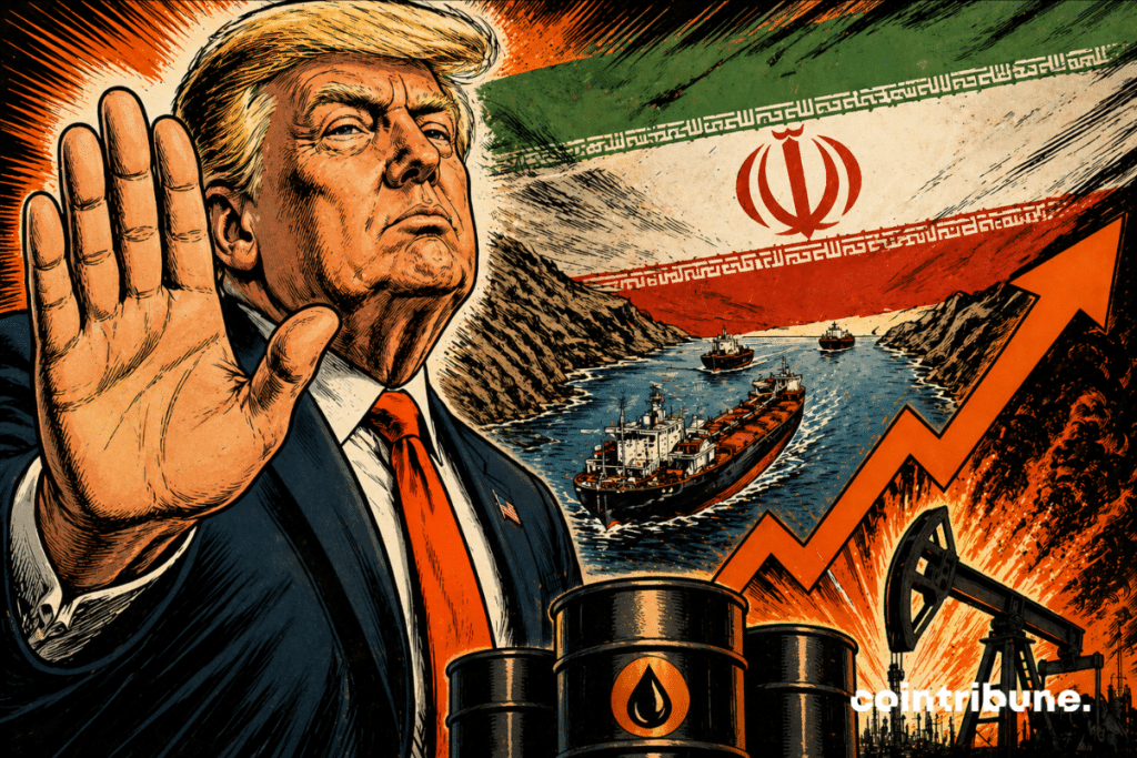 Illustration showing Donald Trump raising his hand in front of the Iranian flag, with oil tankers in the Strait of Hormuz, oil barrels, a pumpjack, and an orange arrow symbolizing rising prices.