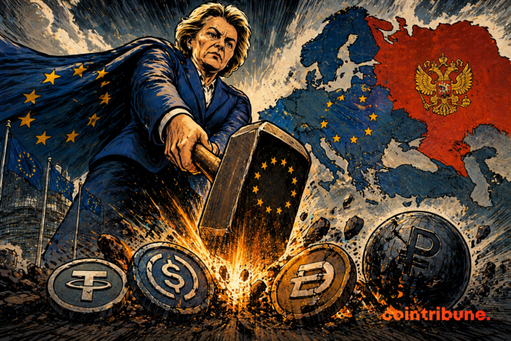 A European figure is cracking down hard on digital assets, while a geopolitical map in the background highlights a major economic and strategic clash