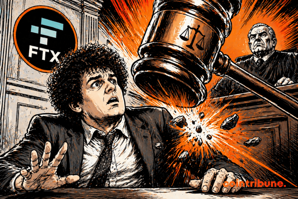 Un homme terrifié recule devant un marteau gigantesque, tandis qu’un juge impassible domine la scène et que tout explose autour de lui