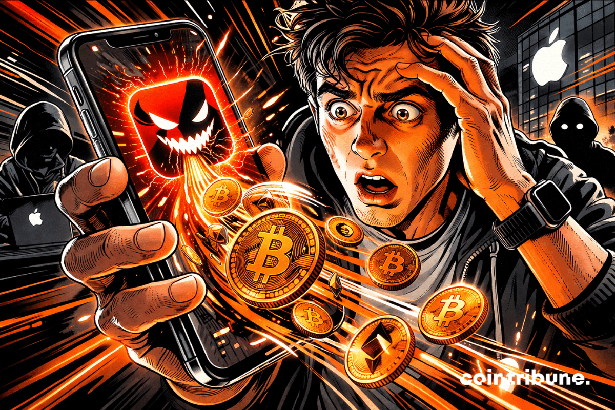 Illustration of a panicked user facing a fake Ledger application on a smartphone, resulting in a massive cryptocurrency theft.
