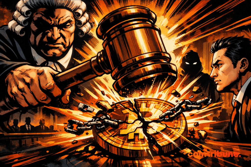 Illustration of a judge striking a gavel on a chained WLFI token, symbolizing the legal dispute between WLFI and Justin Sun.