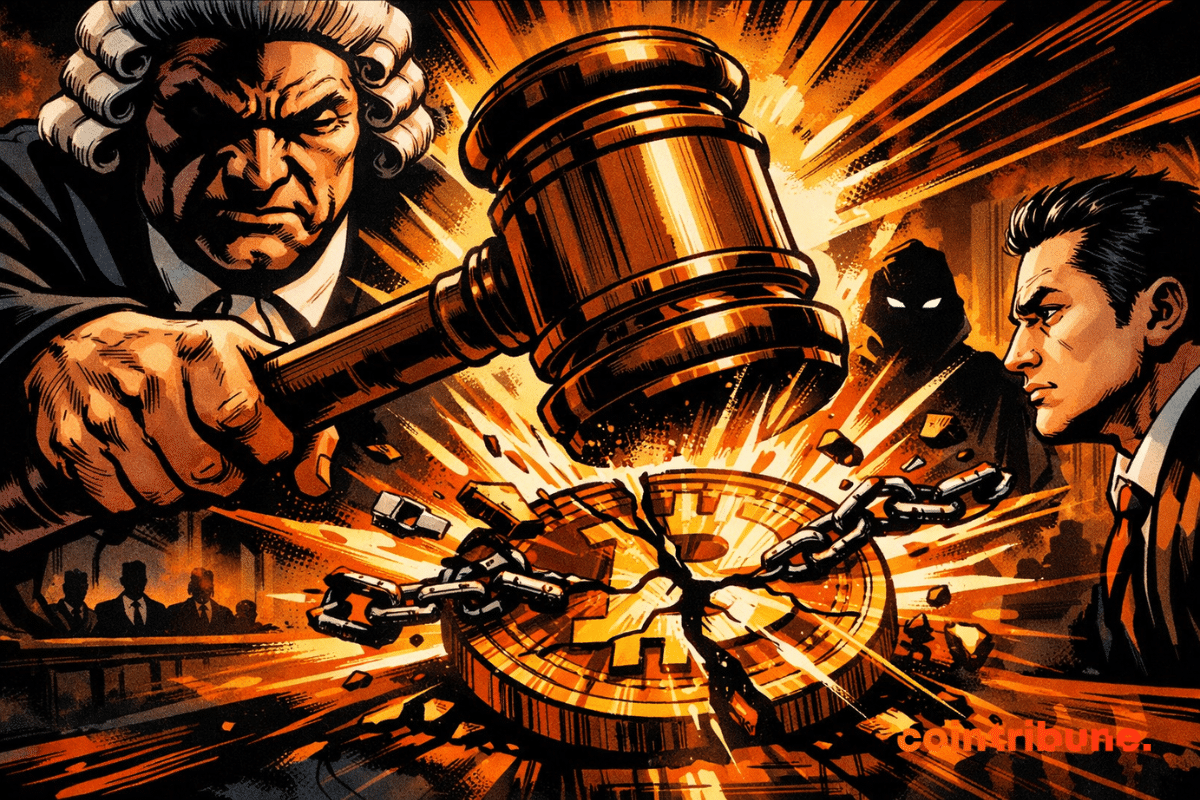 Illustration d’un juge frappant un marteau sur un token WLFI enchaîné, symbolisant le conflit judiciaire entre WLFI et Justin Sun.