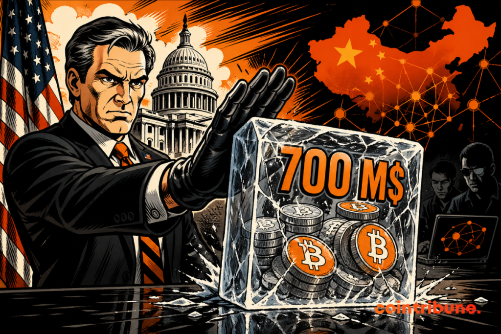 Stylized illustration: a U.S. official in front of the Capitol blocks an ice cube containing bitcoins marked “700 M$,” with a U.S. flag and a map of China in the background, symbolizing the freezing of crypto funds linked to criminal networks.