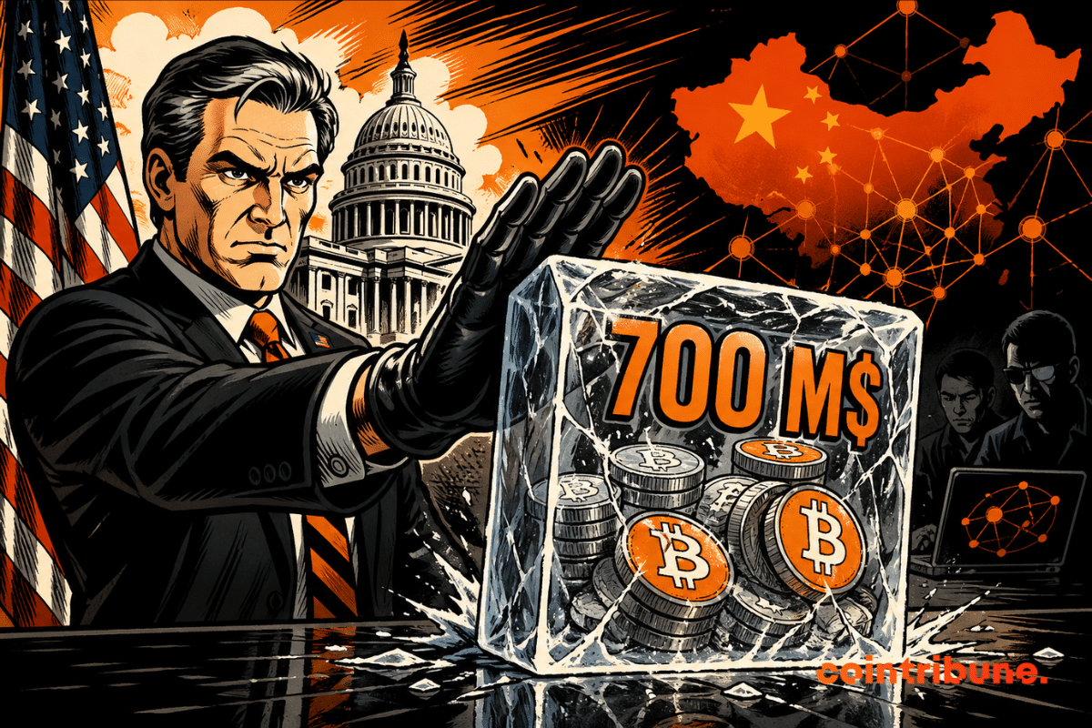 Illustration stylisée : un responsable américain devant le Capitole bloque un bloc de glace contenant des bitcoins marqué “700 M$”, avec un drapeau des États-Unis et une carte de la Chine en arrière-plan, symbolisant le gel de fonds crypto liés à des réseaux criminels.