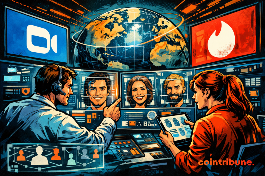 Illustration of a digital control center where operators analyze faces on screens, with Zoom and Tinder logos, symbolizing human identity verification through the World project in the fight against bots and deepfakes.