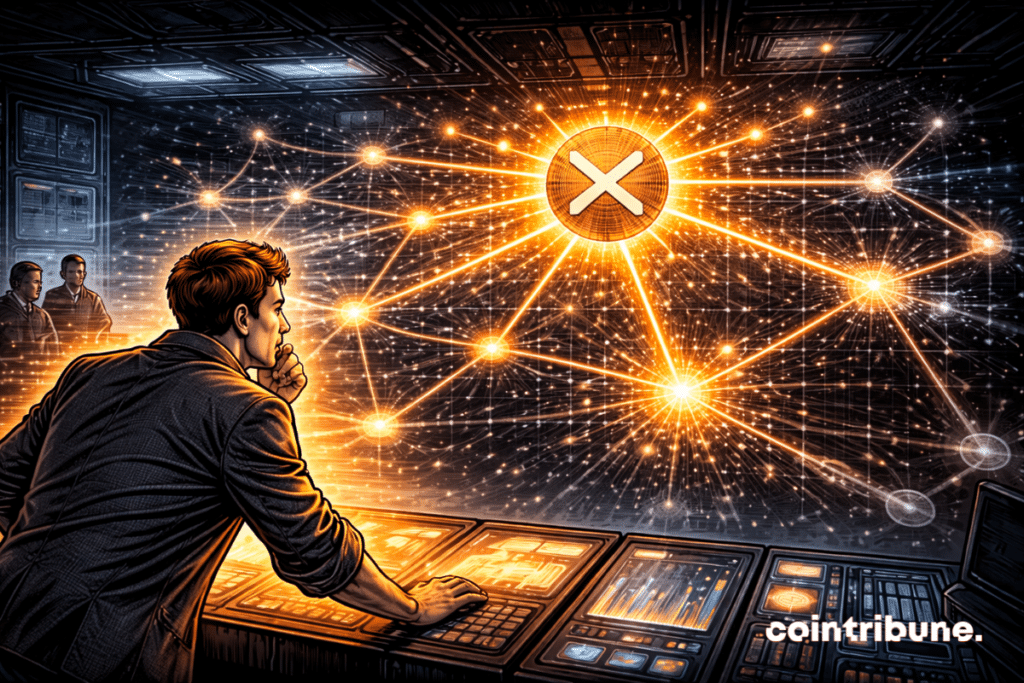 A digital network in decline with XRP connections gradually fading away.