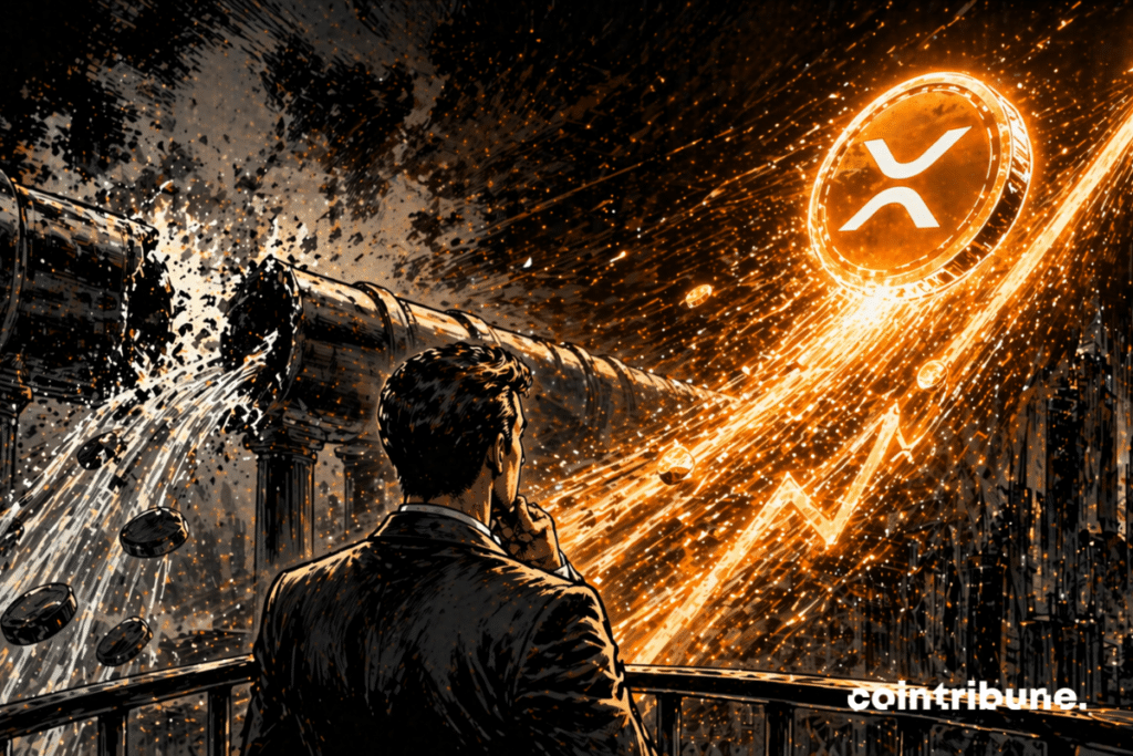 Une grande barrière ou canal abstrait symbolisant les flux ETF est visible, avec des flux interrompus ou stoppés (lignes brisées, lumière éteinte). À côté ou au-dessus, une forme abstraite représentant le XRP continue de monter avec une énergie lumineuse intense.