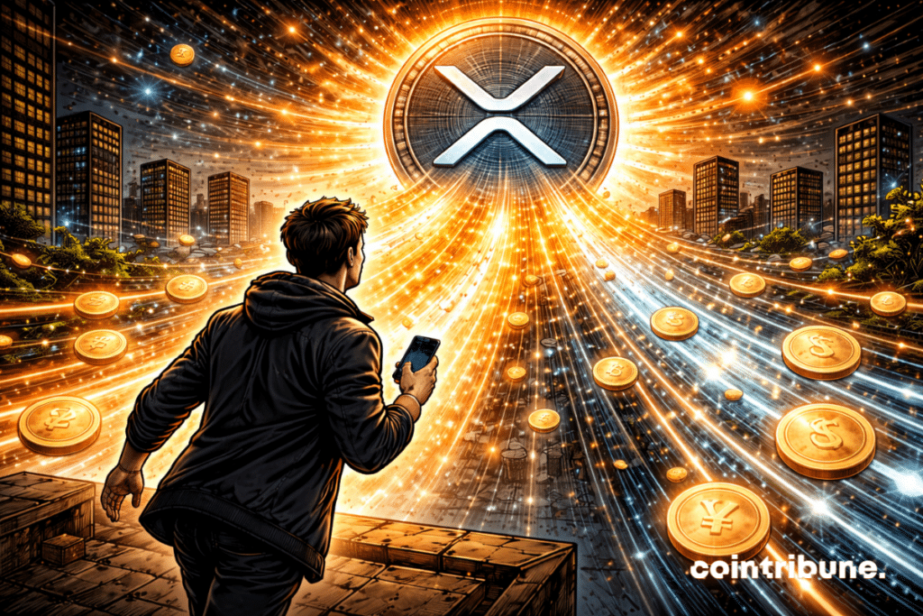 A trader observes a glowing XRP symbol, symbolizing inflows into crypto ETP.