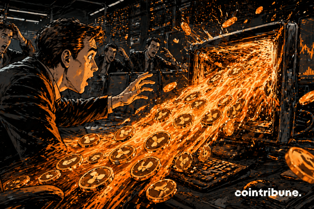 Des jetons XRP s’échappent en torrent d’un écran sous le regard d’un opérateur choqué devant un flux sortant massif.