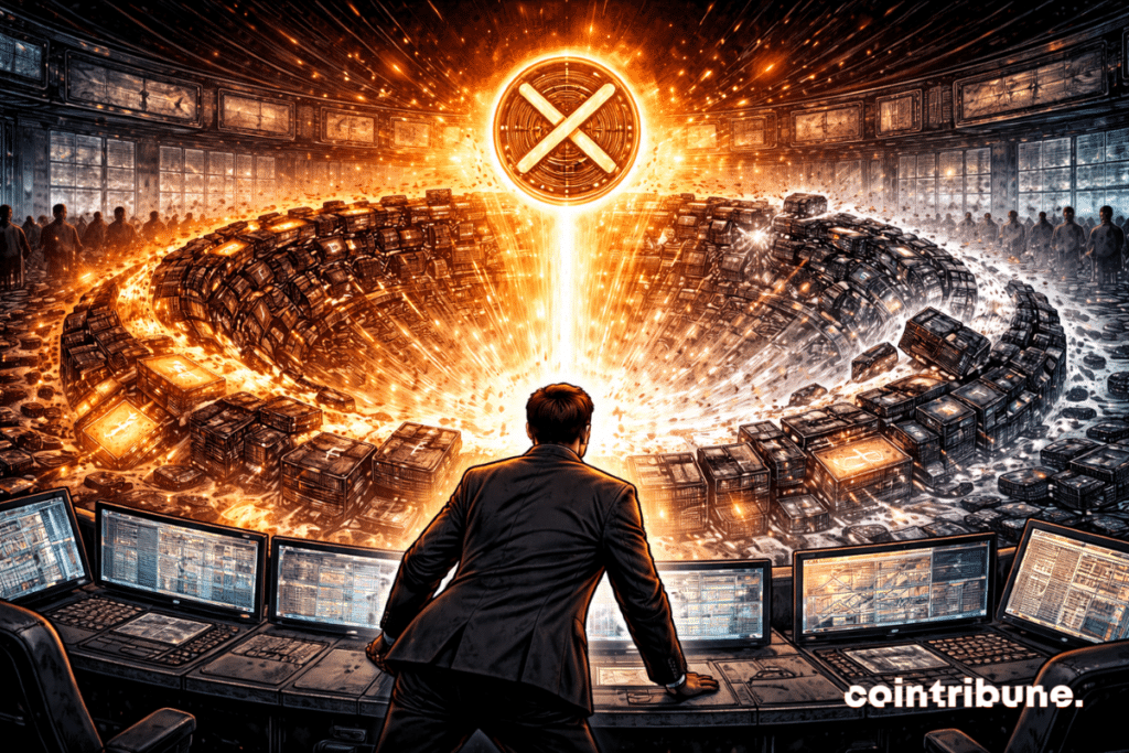 Collapse of the XRP structure, symbolizing the sharp decline of the derivatives market.