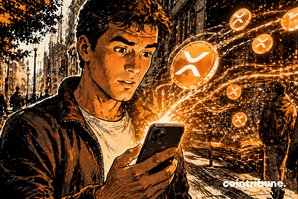 From the phone, streams of light (XRP) emerge and flow like real-time transactions.