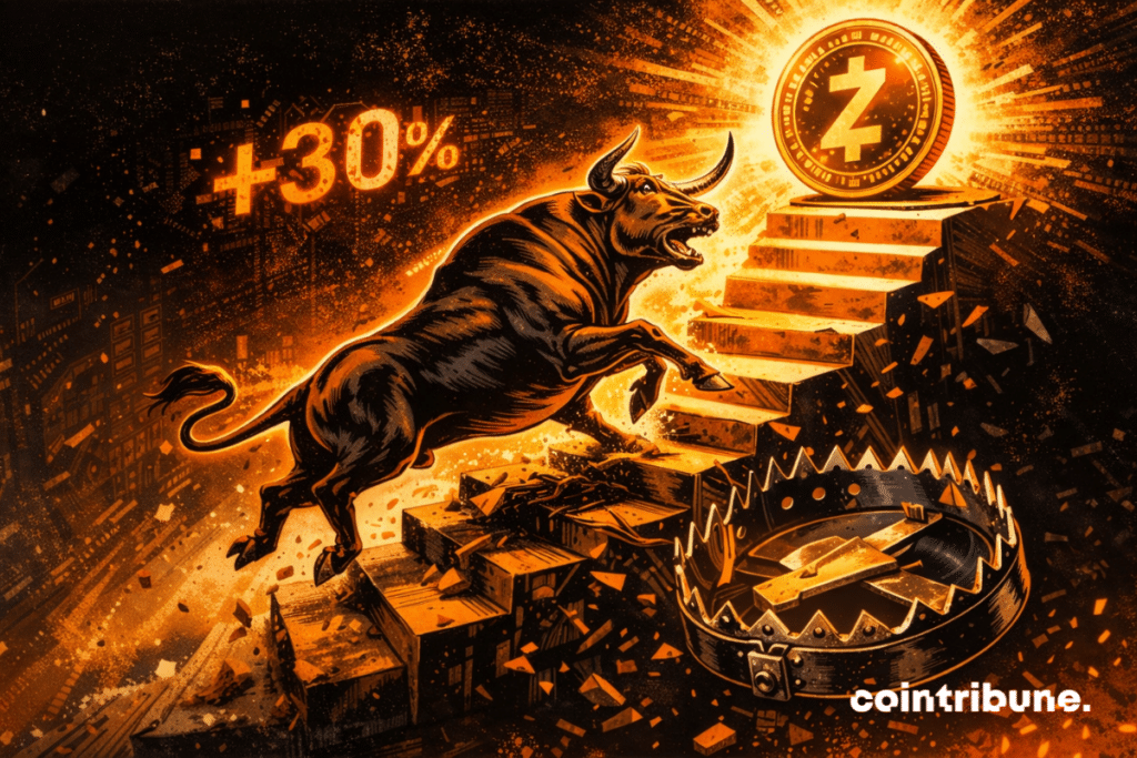 Taureau en plein bond vers une crypto Zcash, au bord d’un piège.