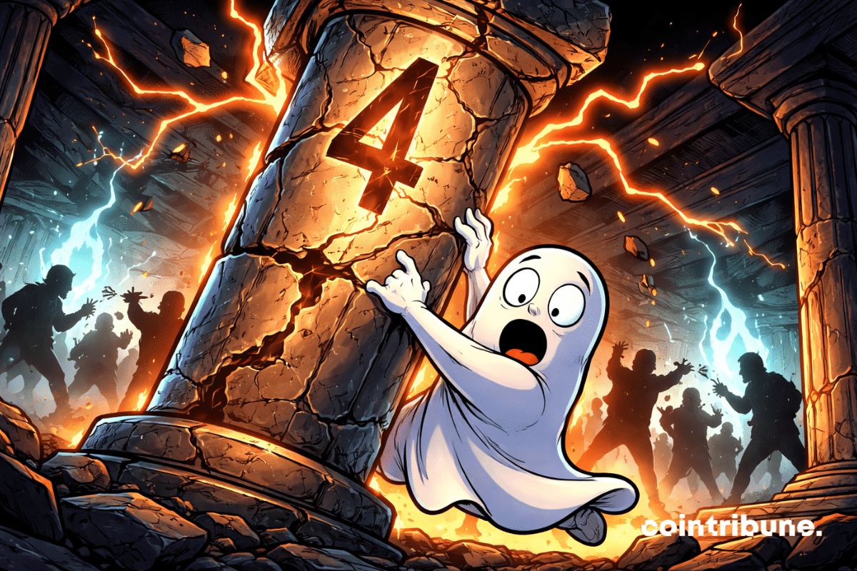 Aave is attempting to shore up a cracked crypto pillar labeled 4, while internal conflicts erupt in dramatic orange chaos