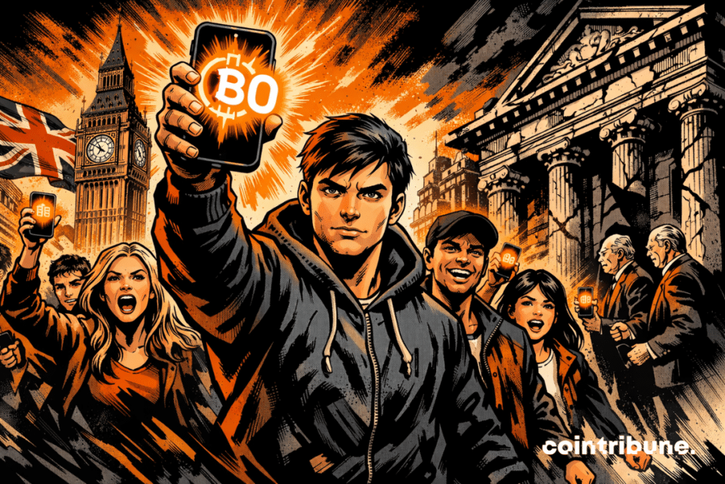 Des jeunes britanniques brandissent une crypto face à une banque en ruine