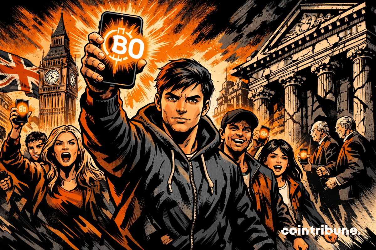 Des jeunes britanniques brandissent une crypto face à une banque en ruine