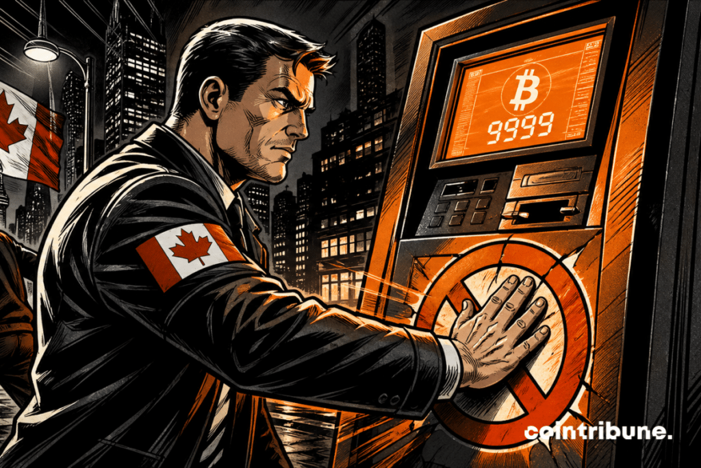 Agent canadien bloque un distributeur crypto, tandis qu’un escroc fuit dans l’ombre, tension urbaine nocturne, style comics dramatique orange noir