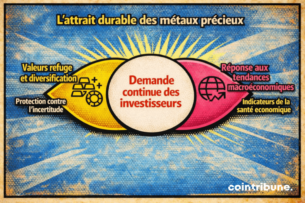 Infographie centrée sur la demande continue des investisseurs pour les métaux précieux. À gauche, des éléments visuels associés aux valeurs refuge, à la diversification et à la protection contre l’incertitude montrent le rôle défensif de ces actifs. À droite, des repères liés aux tendances macroéconomiques et aux indicateurs de santé économique illustrent l’influence du contexte global sur leur attractivité. L’ensemble présente les métaux précieux comme des actifs recherchés à la fois pour sécuriser un portefeuille et pour réagir aux évolutions économiques.