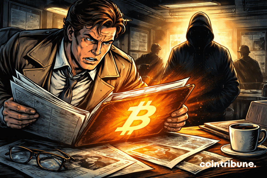 Journaliste inquiet découvre dossier Bitcoin lumineux, silhouette mystérieuse derrière lui, ambiance sombre, tension dramatique, style comics années 70, contraste orange intense