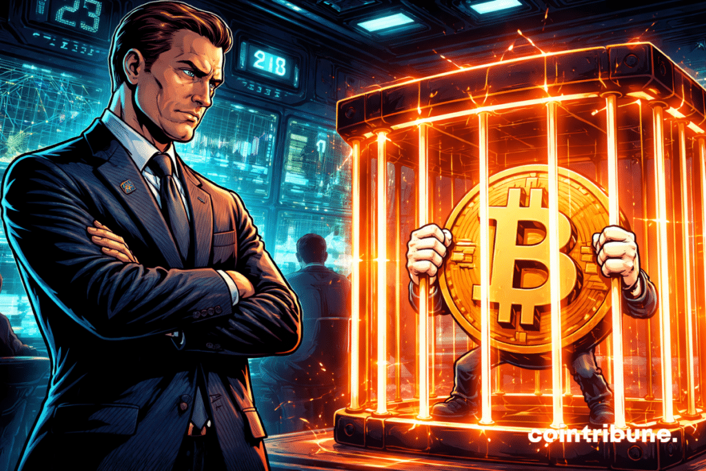 Régulateur européen impassible surveille une crypto emprisonnée, lumière orange intense, tension palpable, contrôle technologique strict dans une salle futuriste sombre dynamique