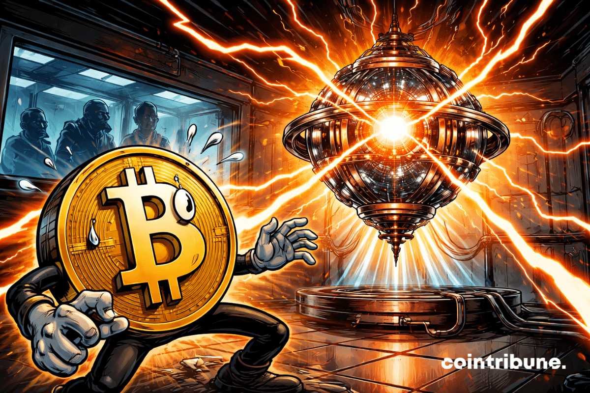 Bitcoin anthropomorphe terrifié recule face à une machine quantique lumineuse libérant des éclairs d’énergie, sous le regard inquiet de scientifiques en laboratoire.