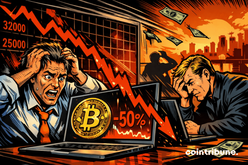 Two investors panic when bitcoin crashes, with red, falling charts, falling gold coins, dramatic atmosphere and intense black-orange colors.