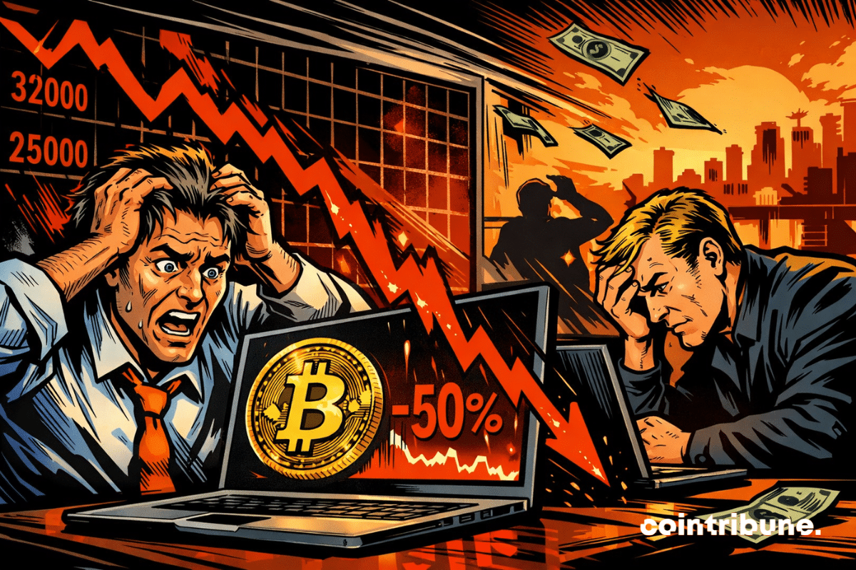 Deux investisseurs paniquent devant la chute du Bitcoin, graphiques rouges descendantes, pièces dorées tombant, ambiance dramatique et couleurs noir-orange intenses.